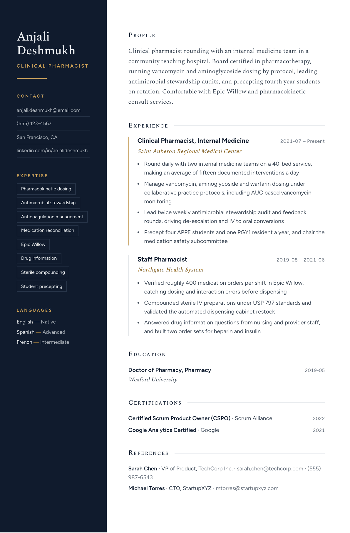 Clinical Pharmacist resume example, Nocturne template