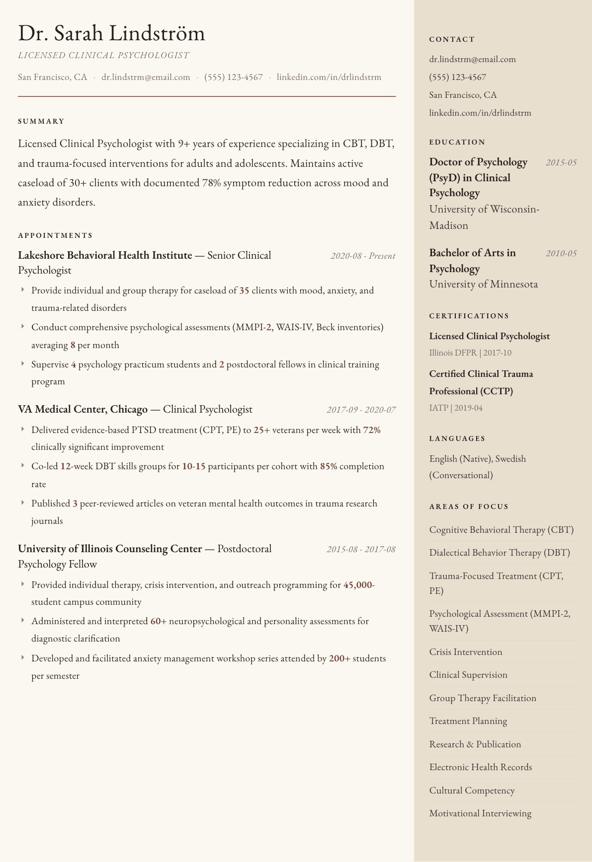 Clinical Psychologist resume example, Manuscript template