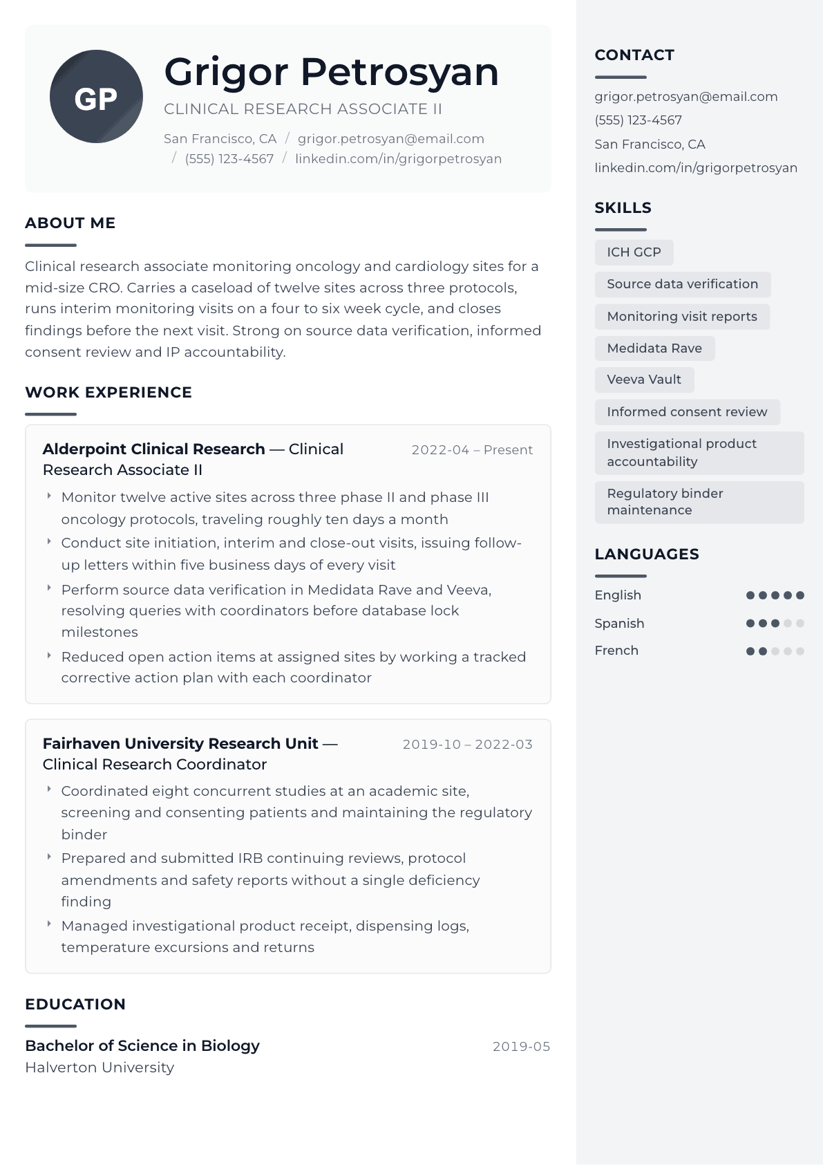 Clinical Research Associate resume example, Metropolitan template