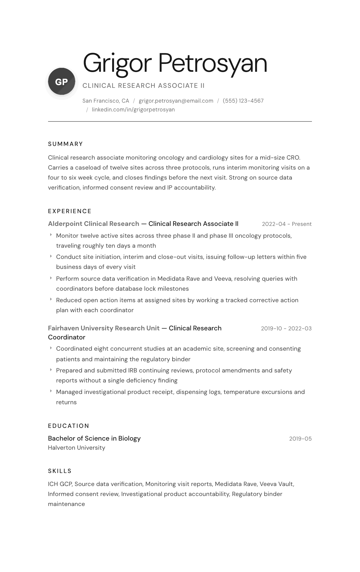 Clinical Research Associate resume example, Whisper template