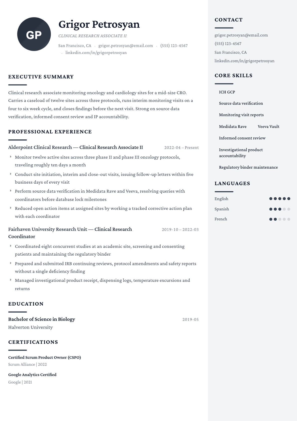 Clinical Research Associate resume example, Monarch template