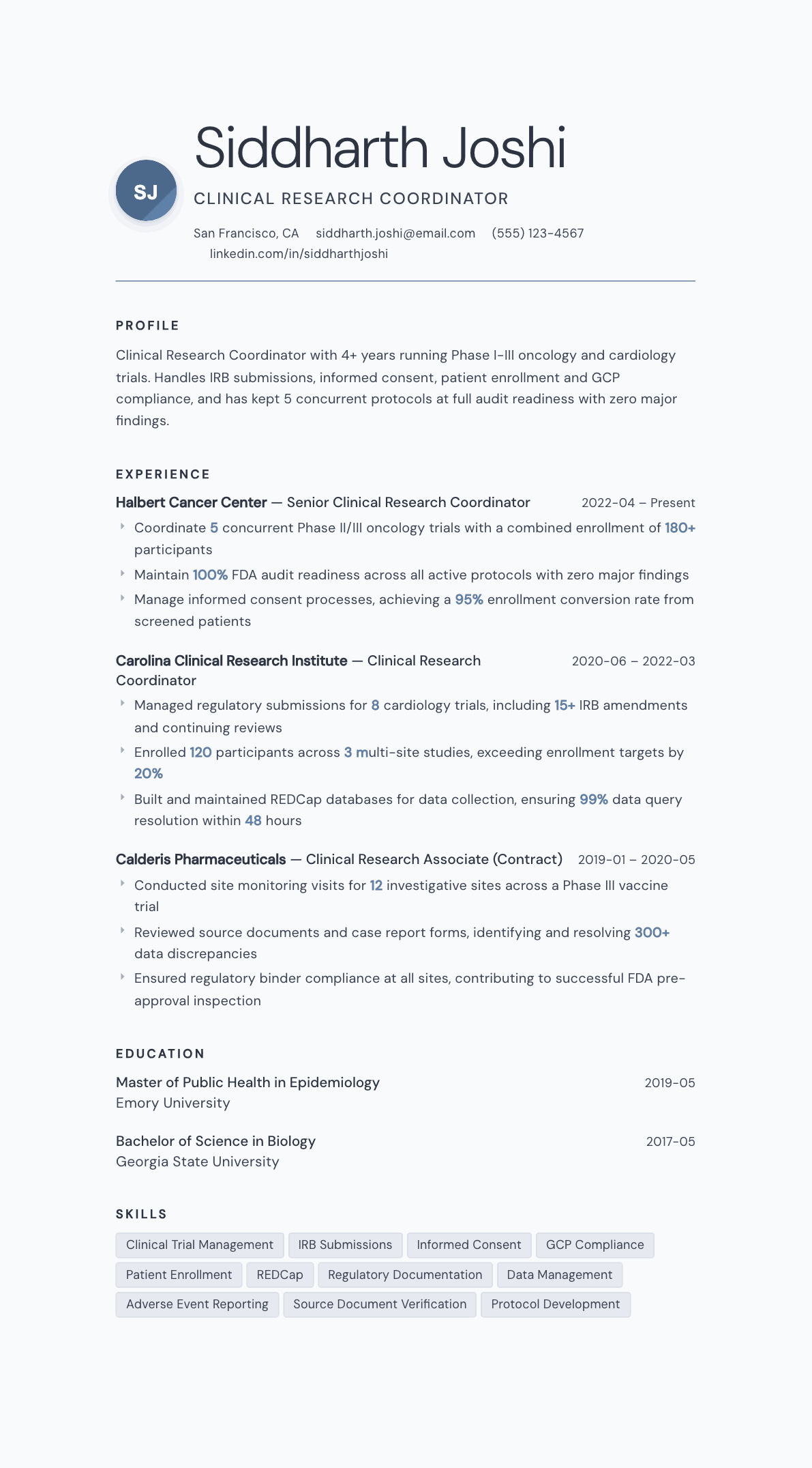 Clinical Research Coordinator resume example, Nordic template