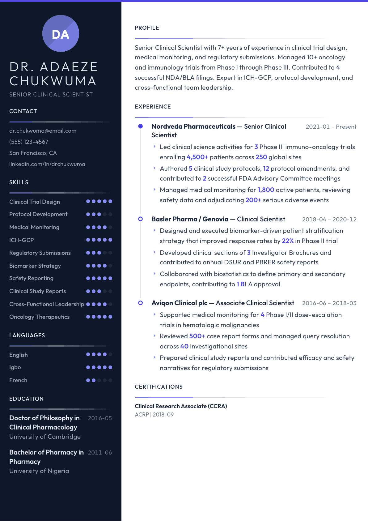 Clinical Scientist resume example, Zenith template