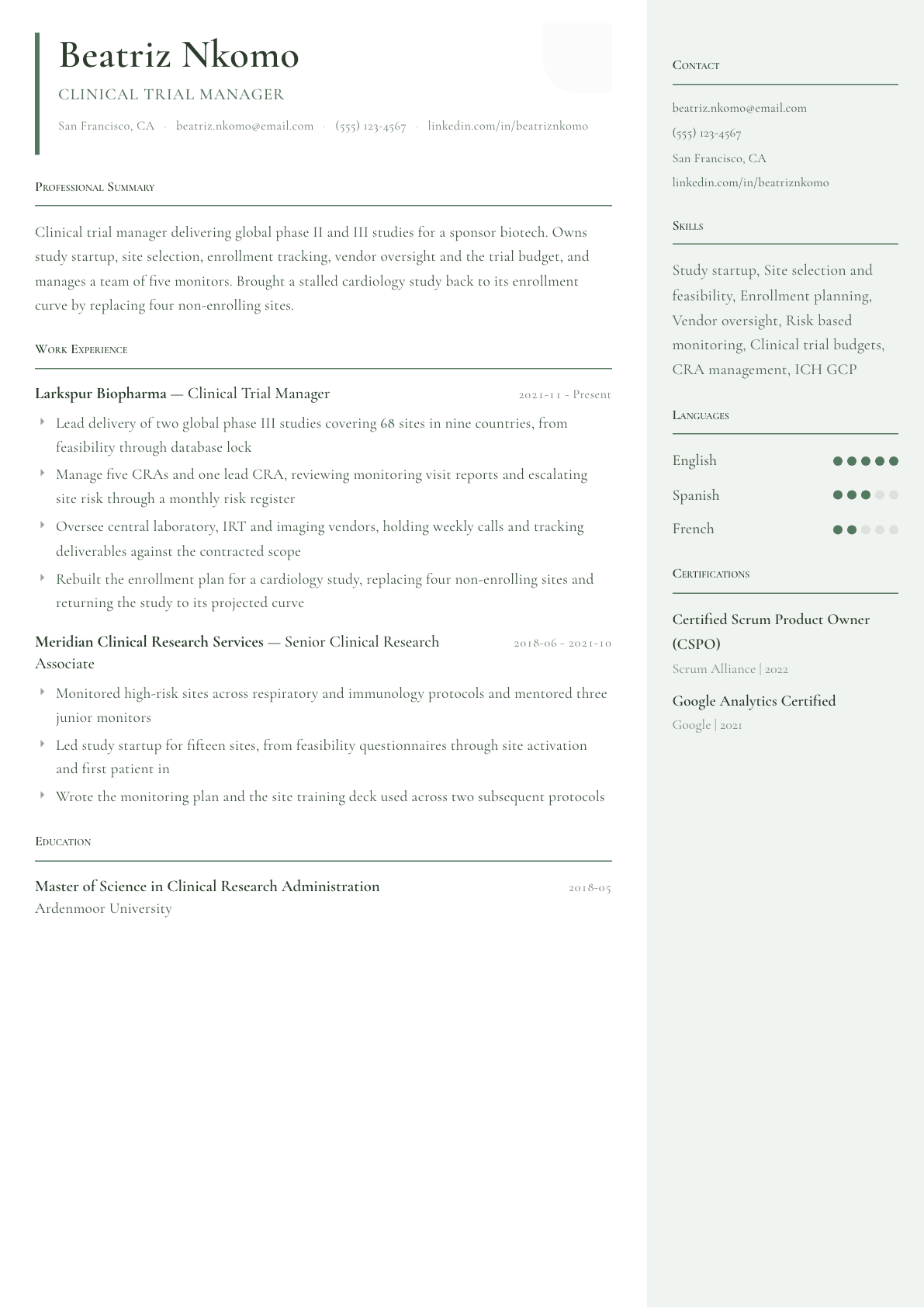 Clinical Trial Manager resume example, Copenhagen template