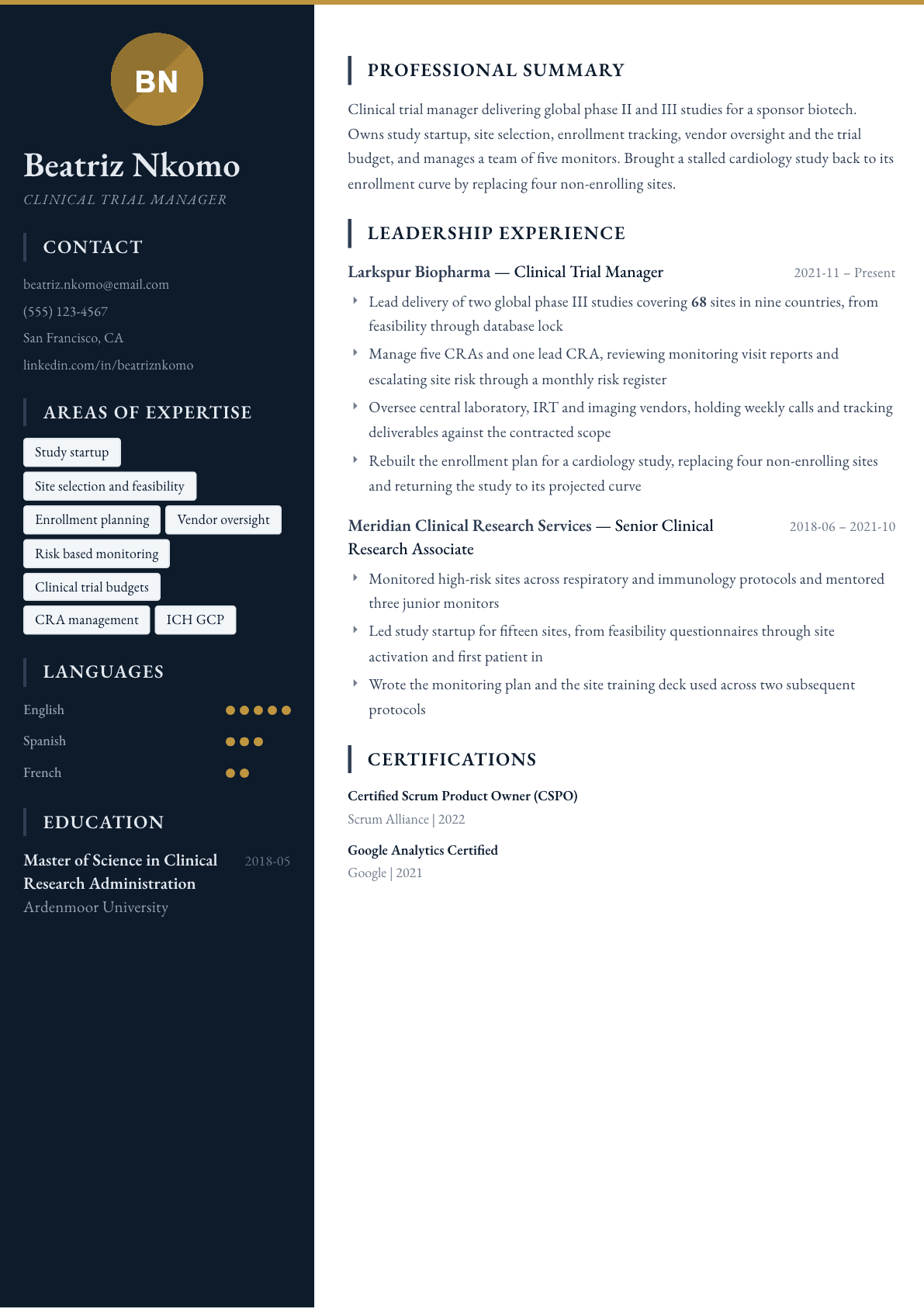 Clinical Trial Manager resume example, Presidio template