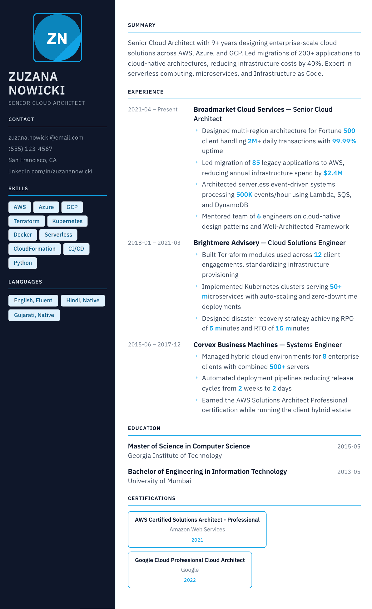 Cloud Architect resume example, Everest template