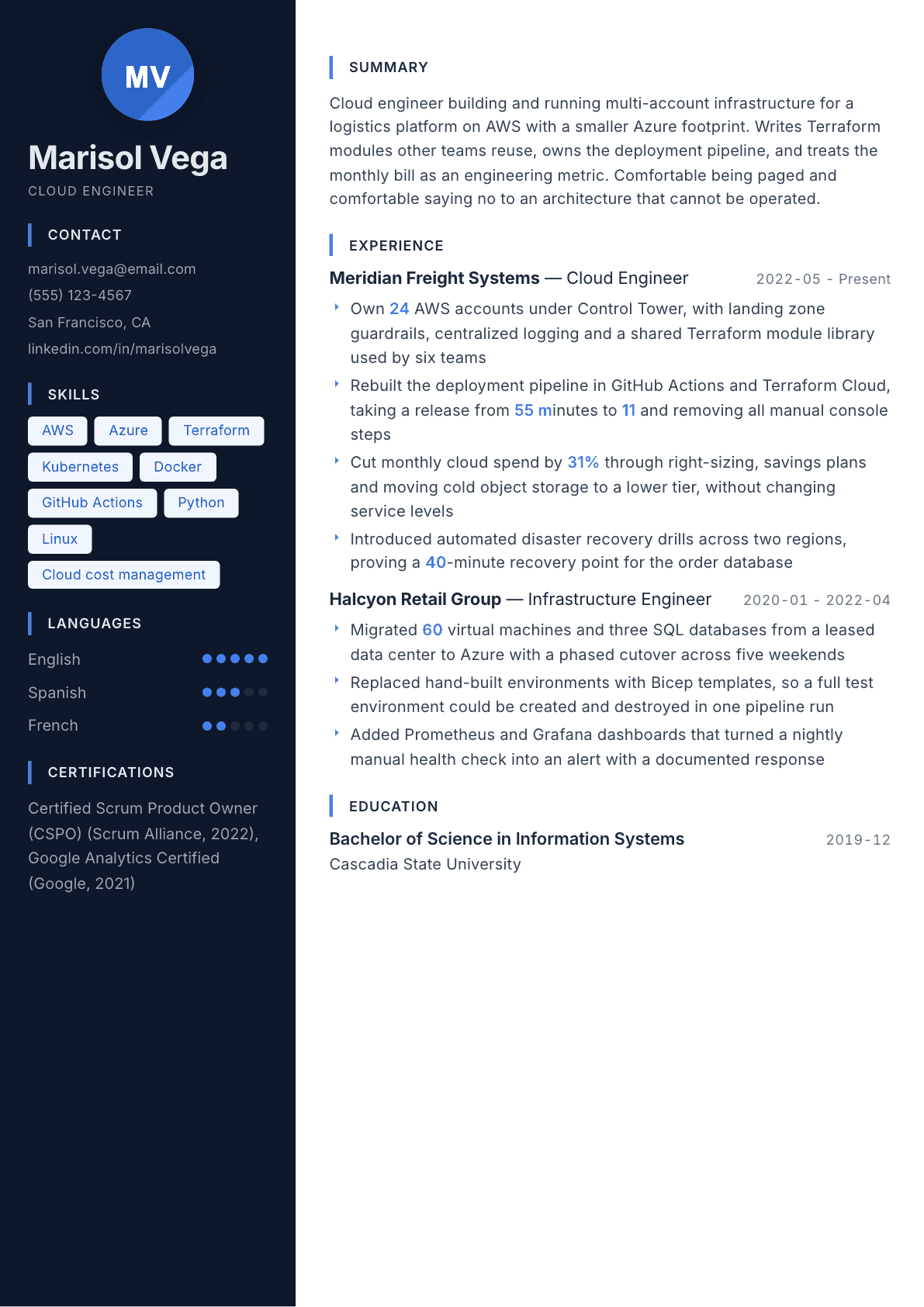 Cloud Engineer resume example, Midnight Sapphire template
