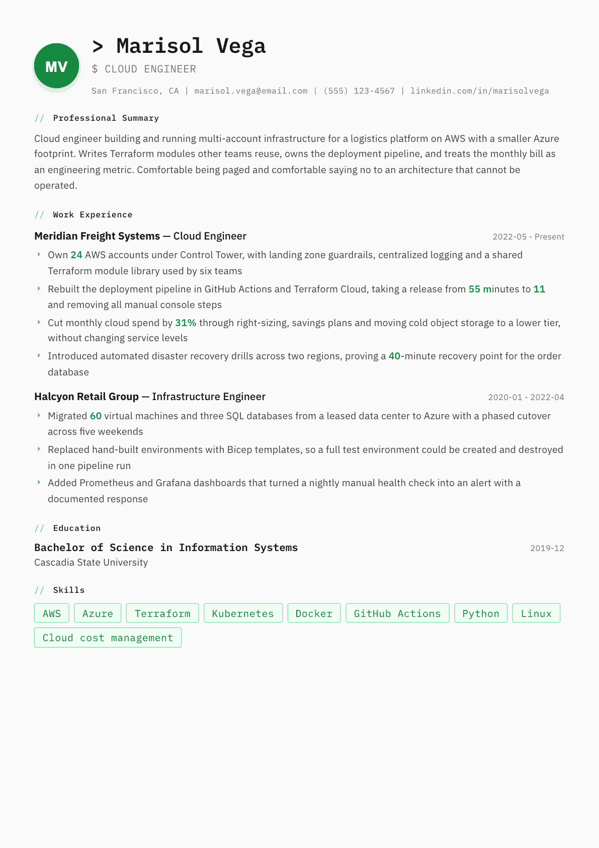 Cloud Engineer resume example, Amsterdam template