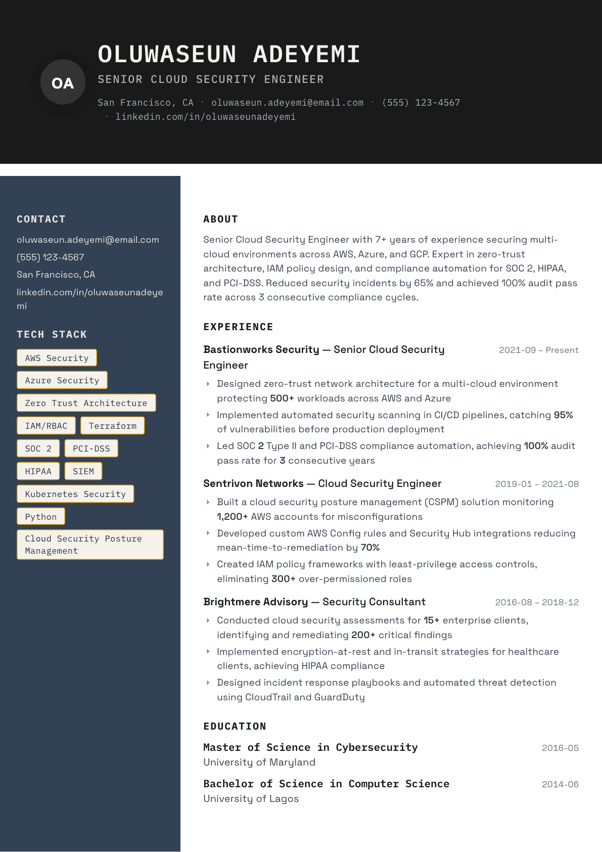 Cloud Security Engineer resume example, Codebase template