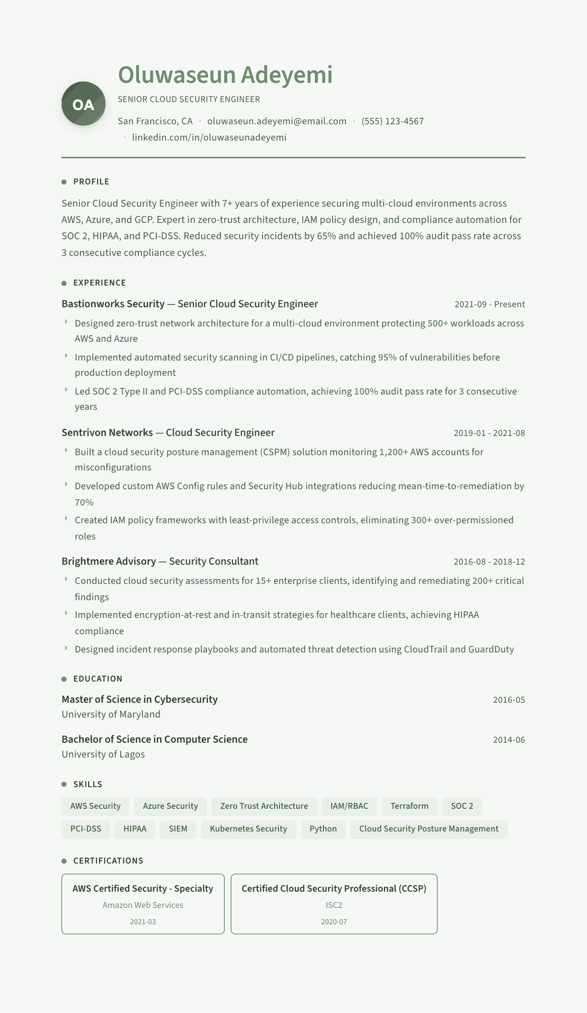 Cloud Security Engineer resume example, Sage Garden template