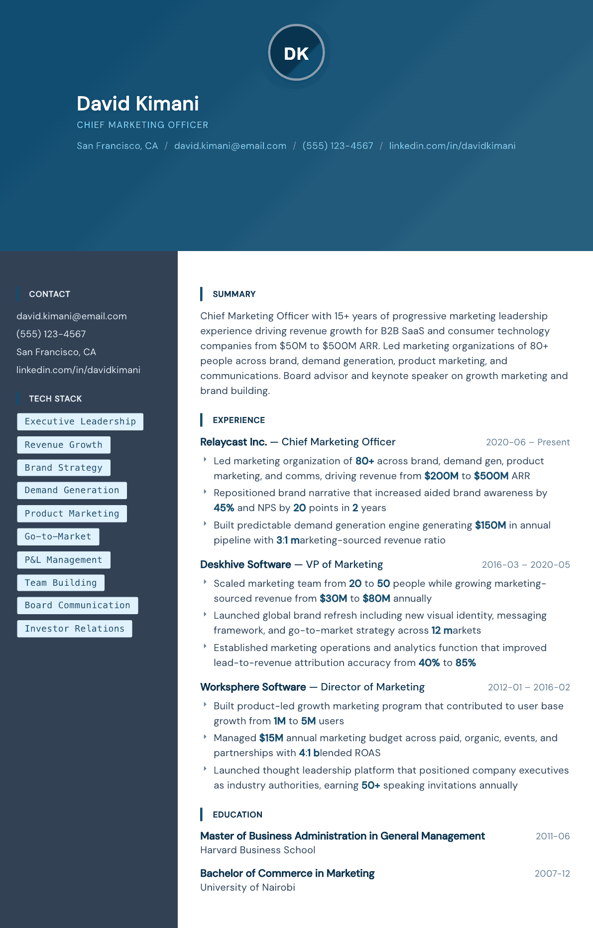 CMO resume example, Prism template