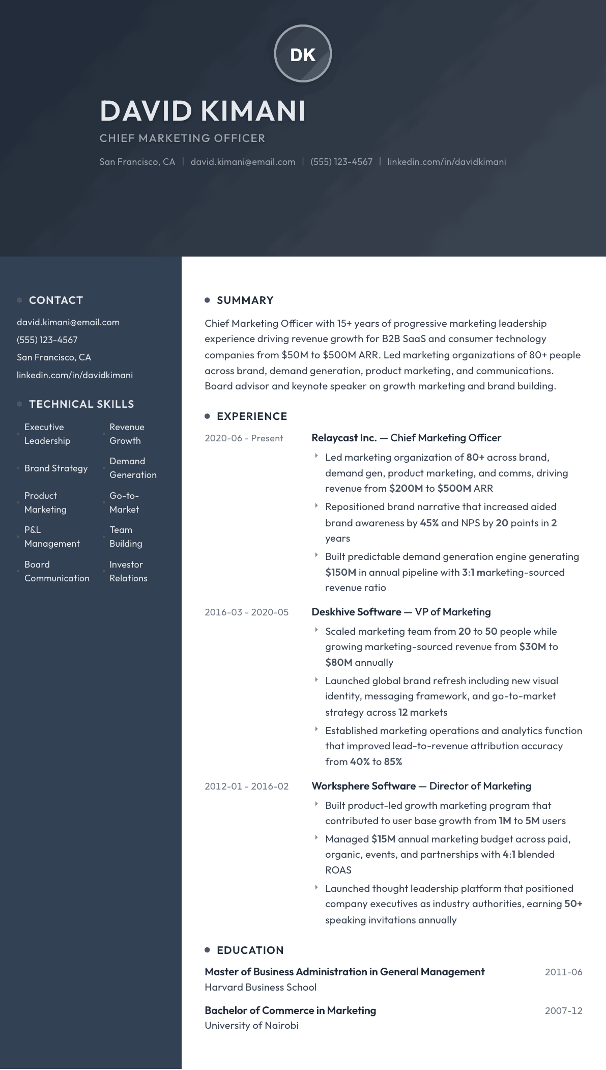 CMO resume example, Binary template