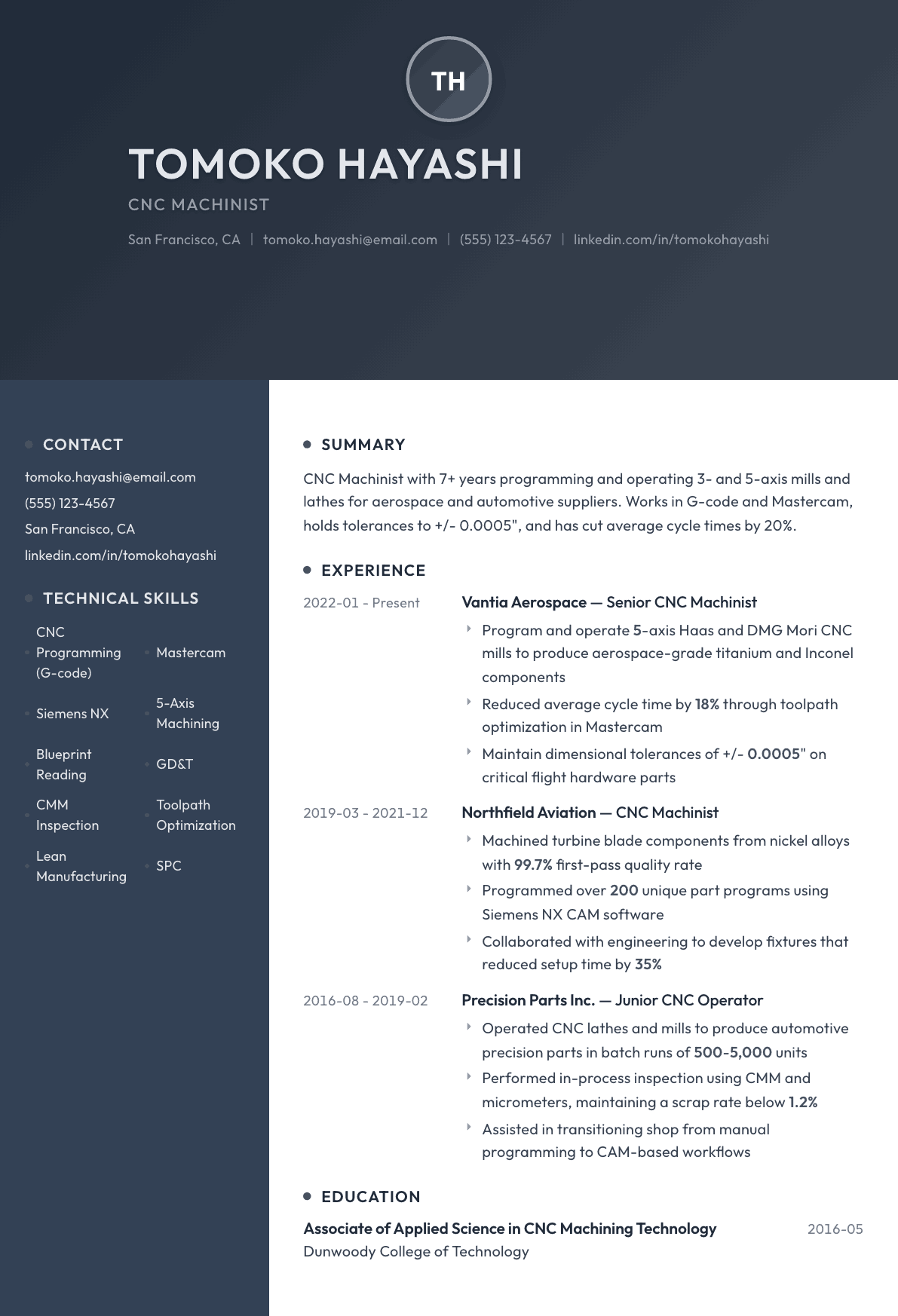 CNC Machinist resume example, Binary template