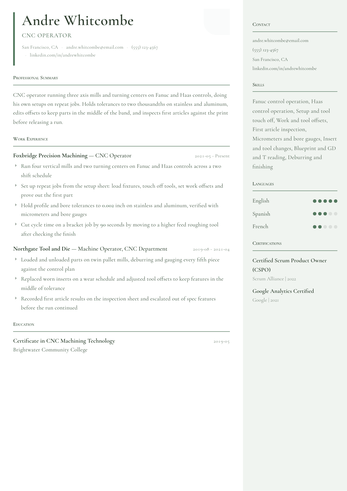 CNC Operator resume example, Copenhagen template