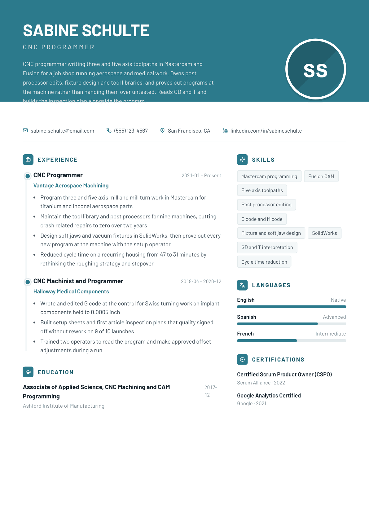 CNC Programmer resume example, Harbor template