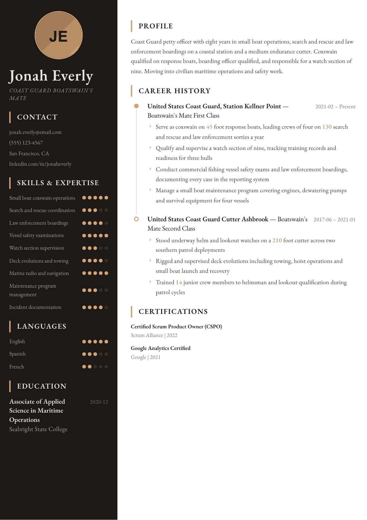 Coast Guard resume example, Heritage template