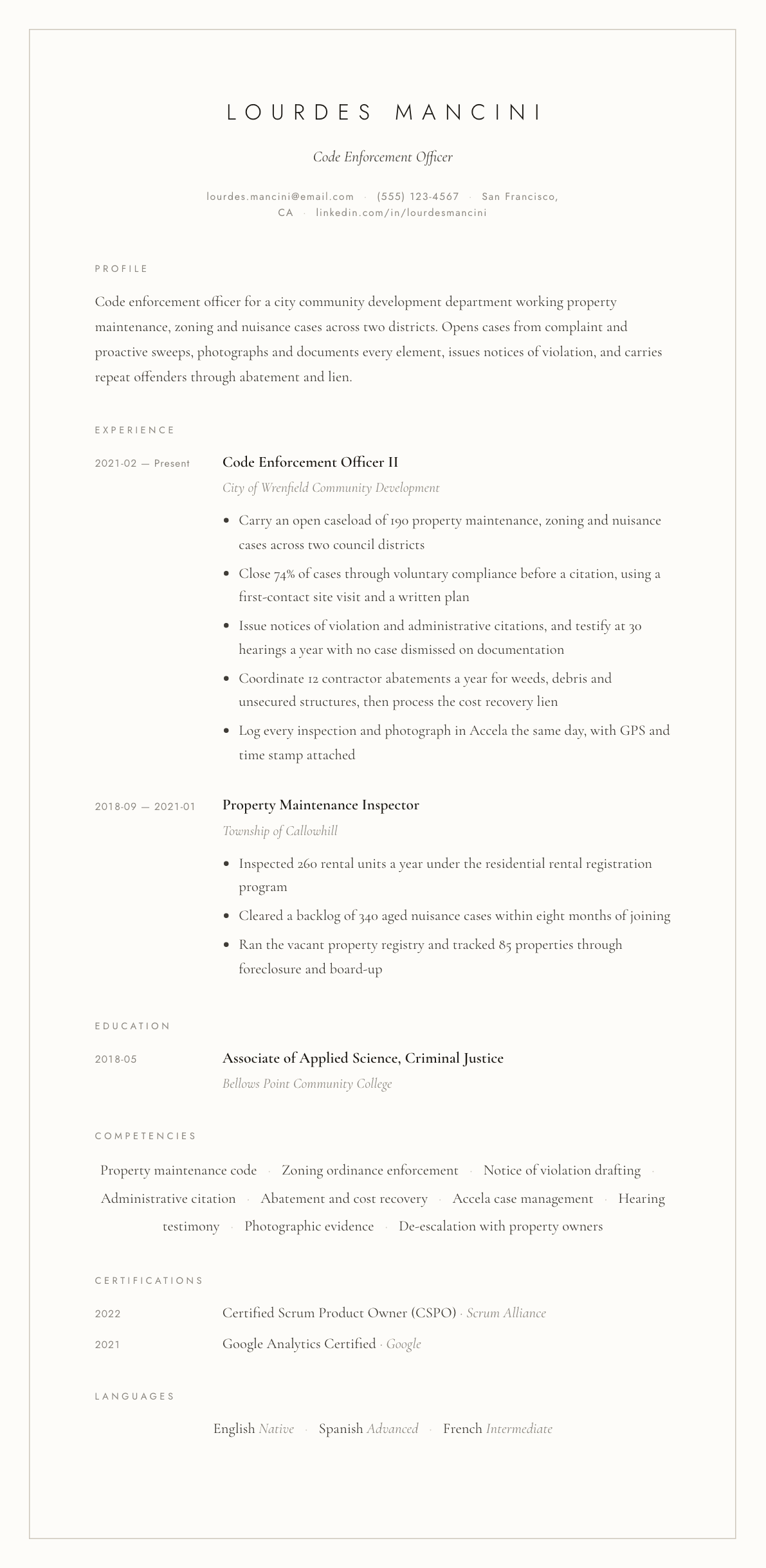 Code Enforcement Officer resume example, Vellum template