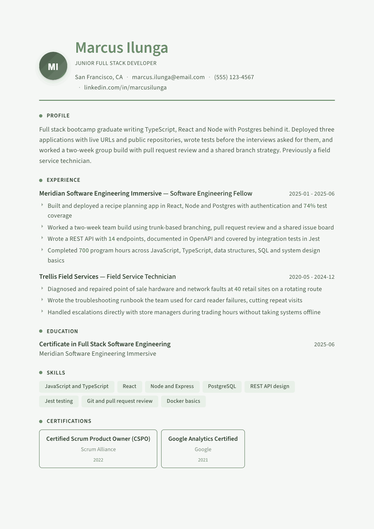 Coding Bootcamp Graduate resume example, Sage Garden template