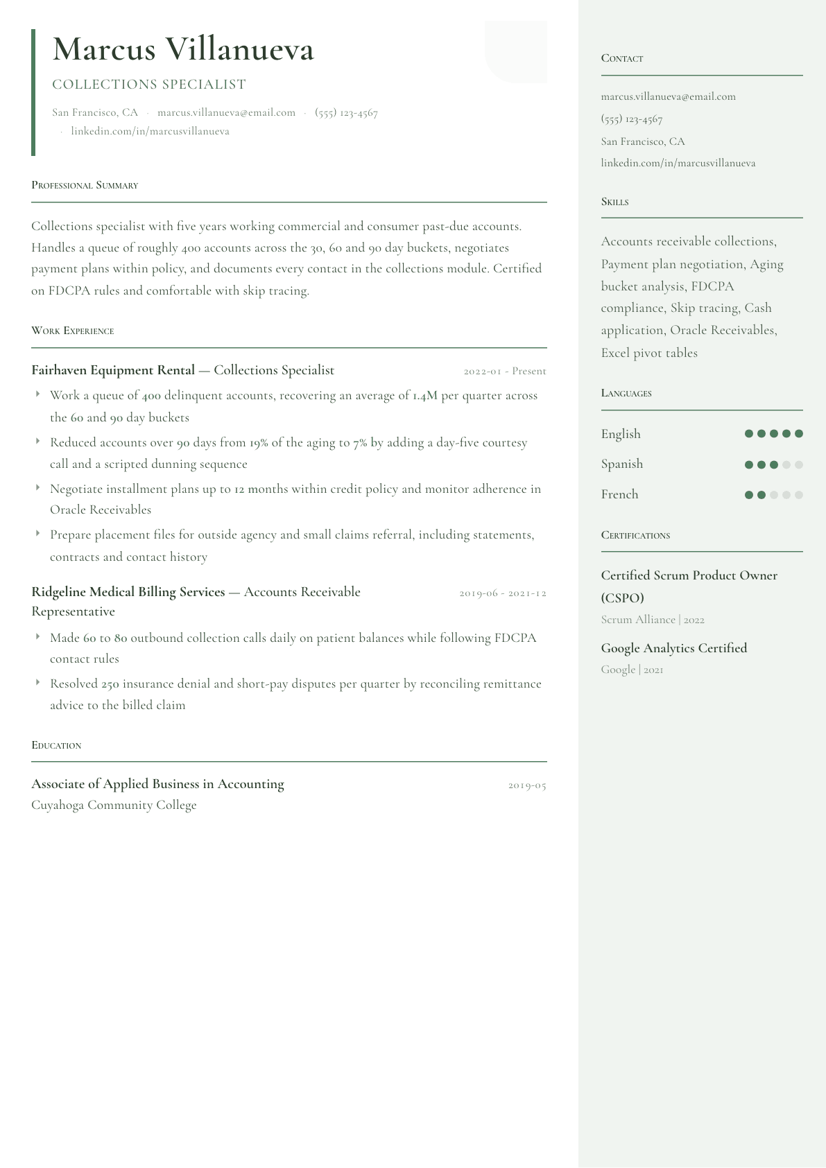 Collections Specialist resume example, Copenhagen template
