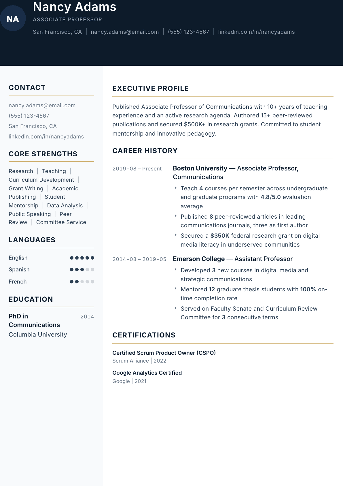 College Professor resume example, Consulate template