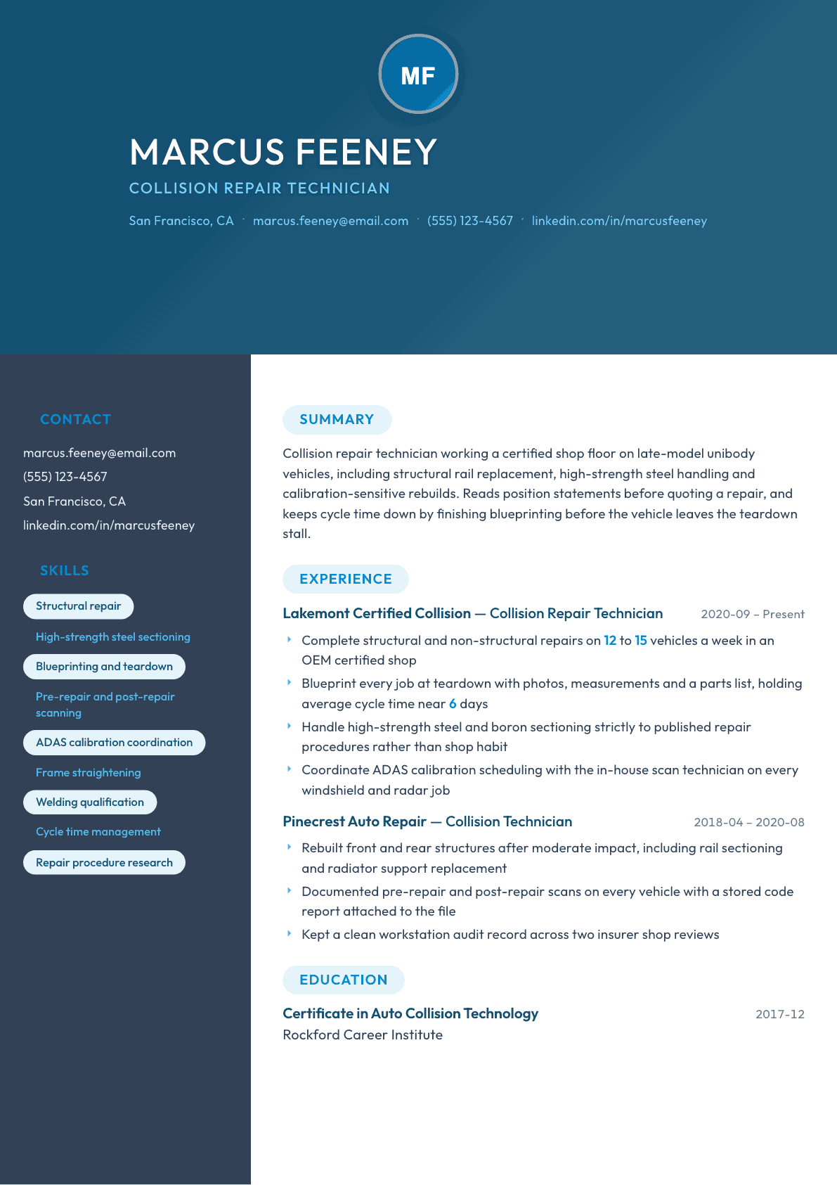 Collision Repair Technician resume example, Nexus template