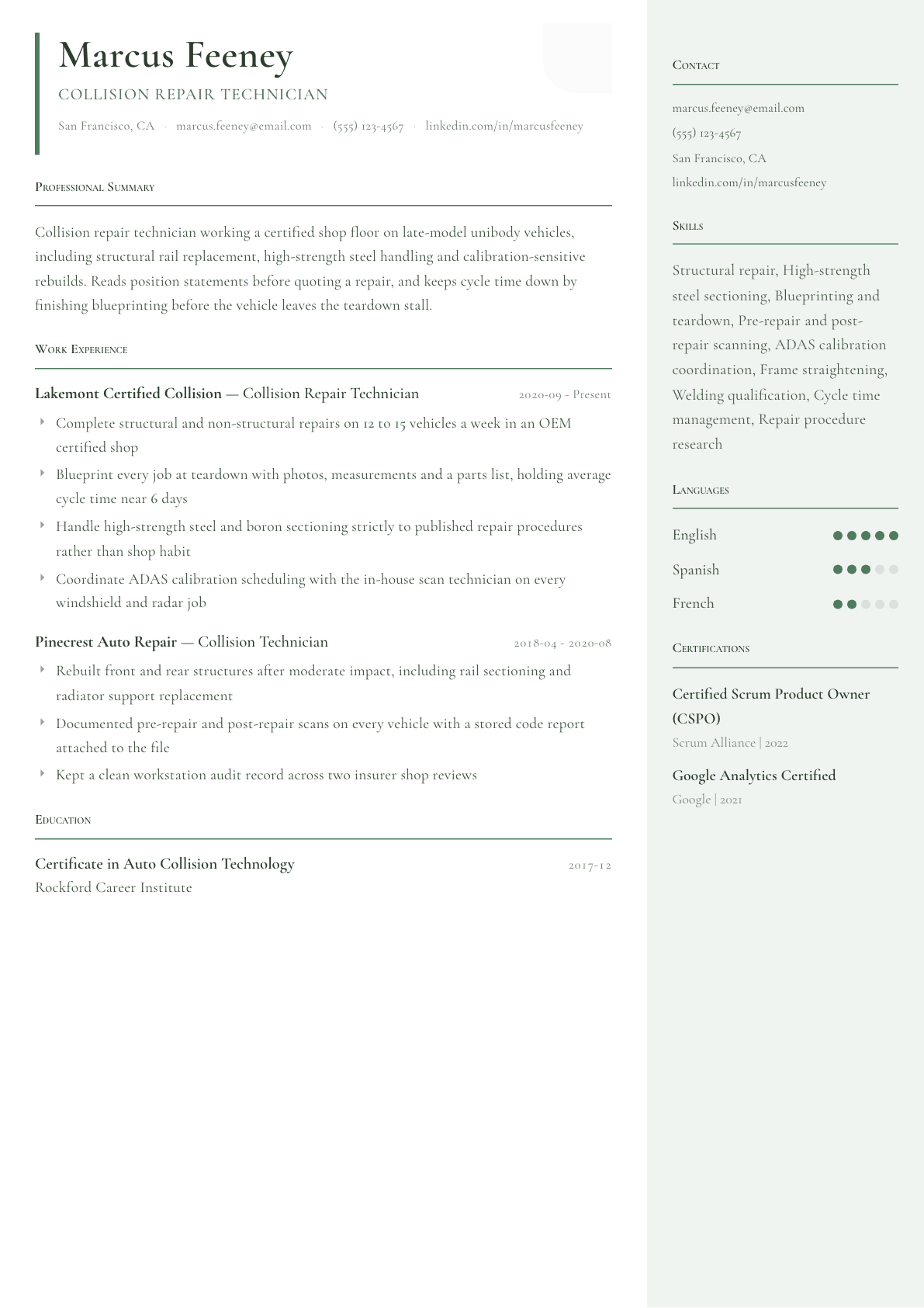 Collision Repair Technician resume example, Copenhagen template