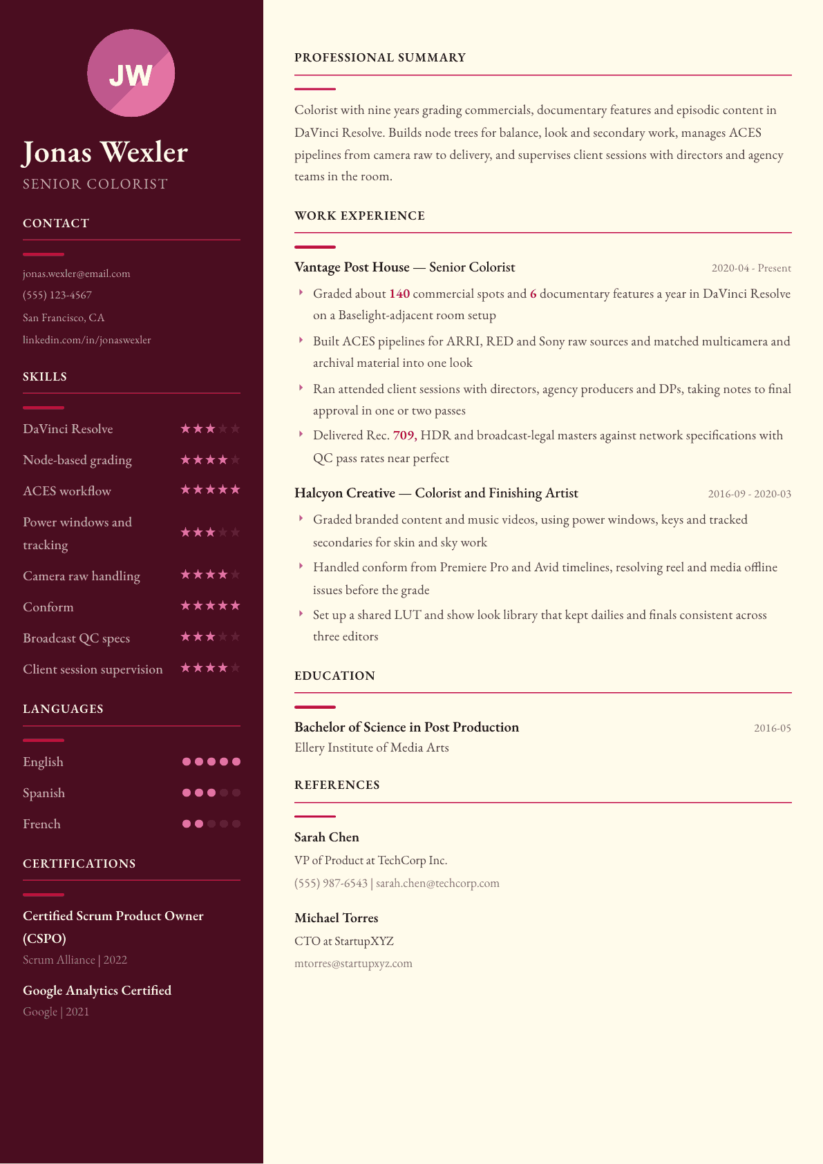 Colorist resume example, Dubai template