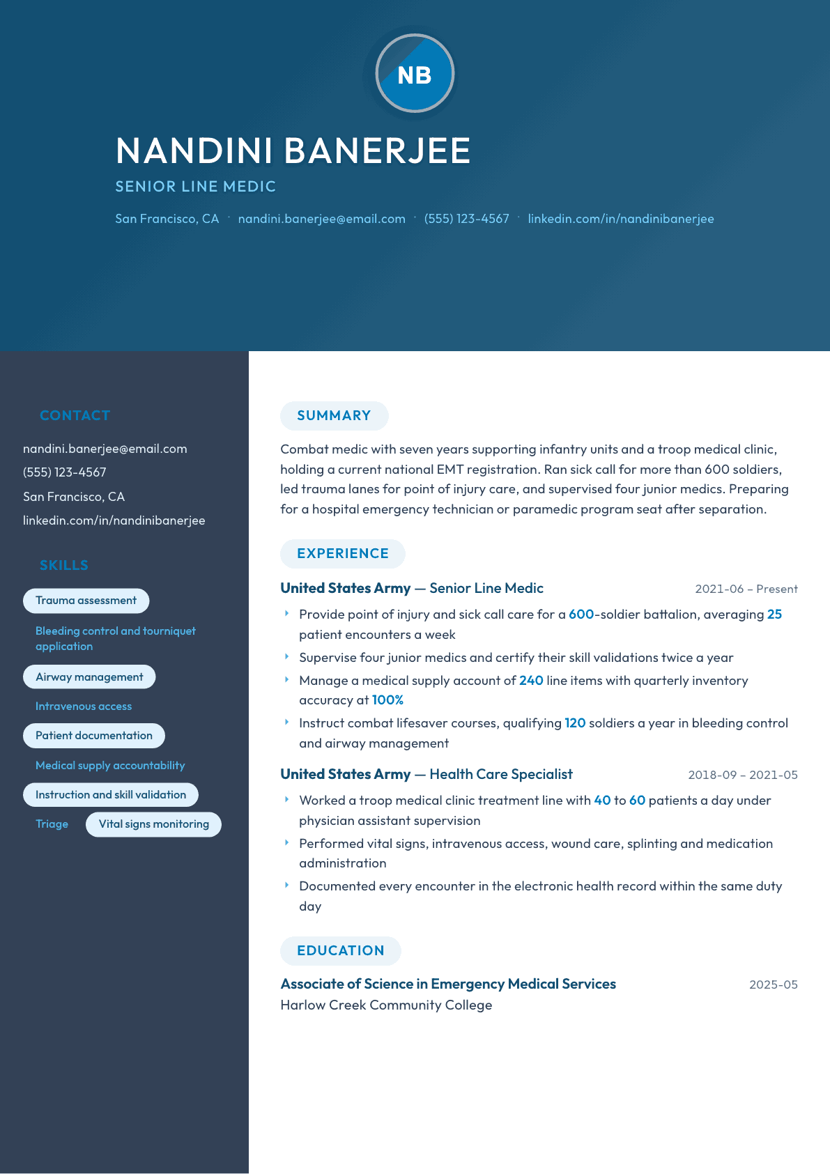 Combat Medic resume example, Nexus template