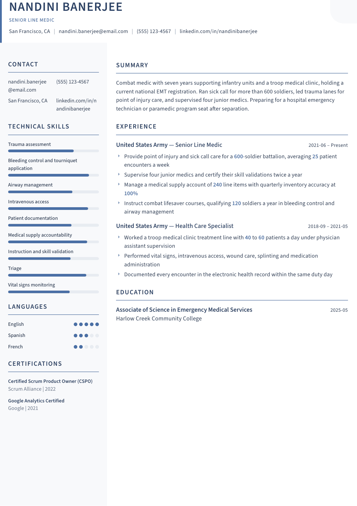 Combat Medic resume example, Summit template