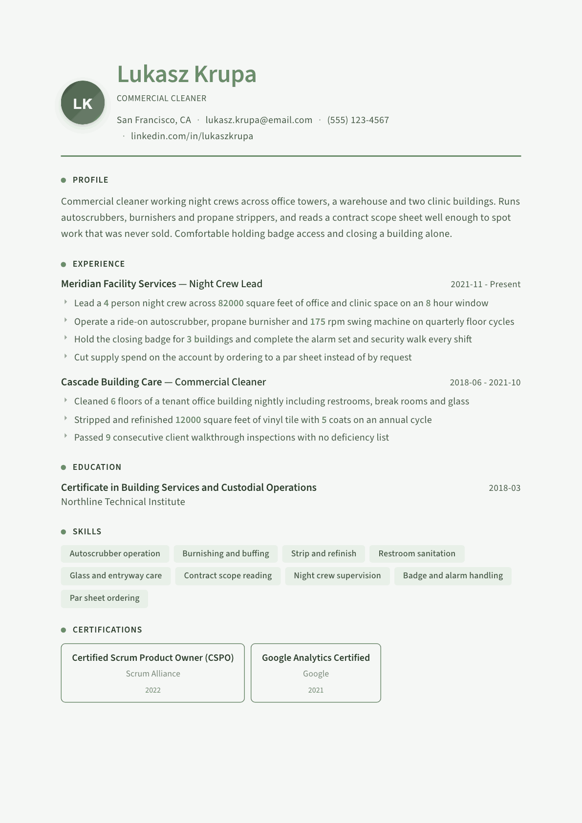 Commercial Cleaner resume example, Sage Garden template
