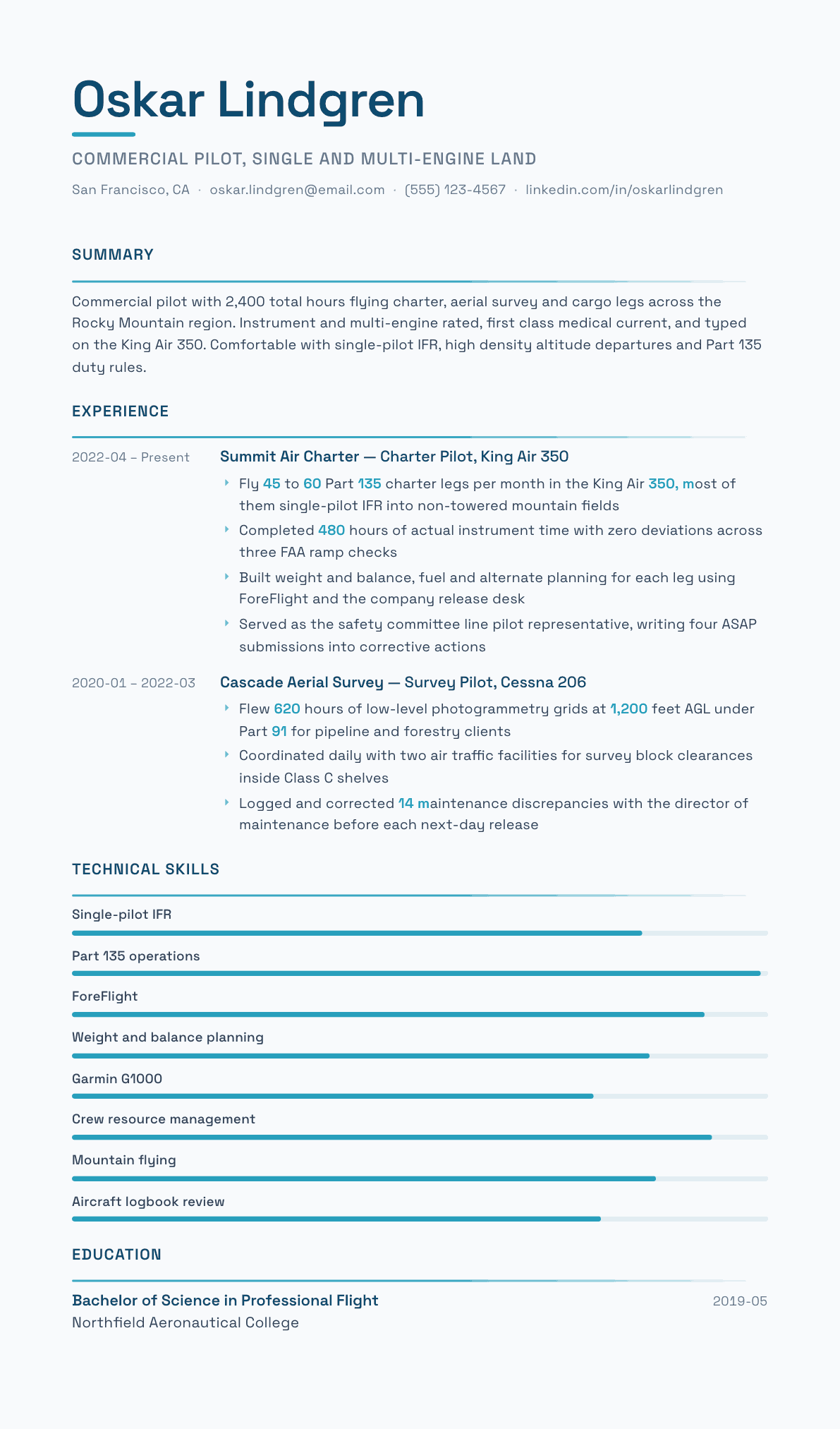 Commercial Pilot resume example, Velocity template
