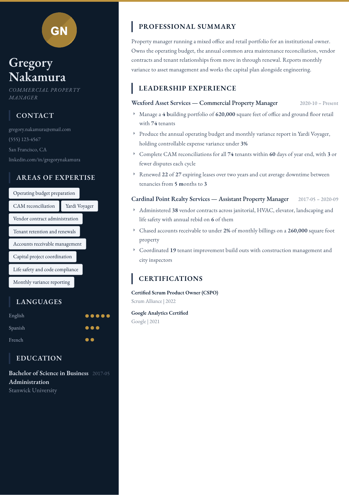 Commercial Property Manager resume example, Presidio template