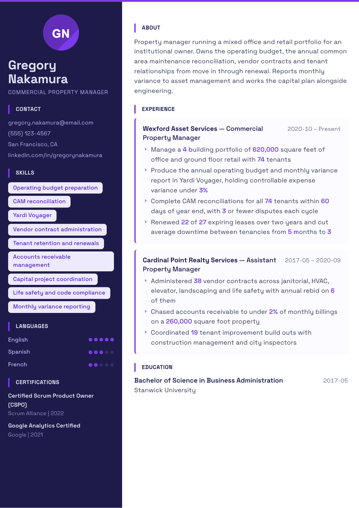 Commercial Property Manager resume example, Solstice template