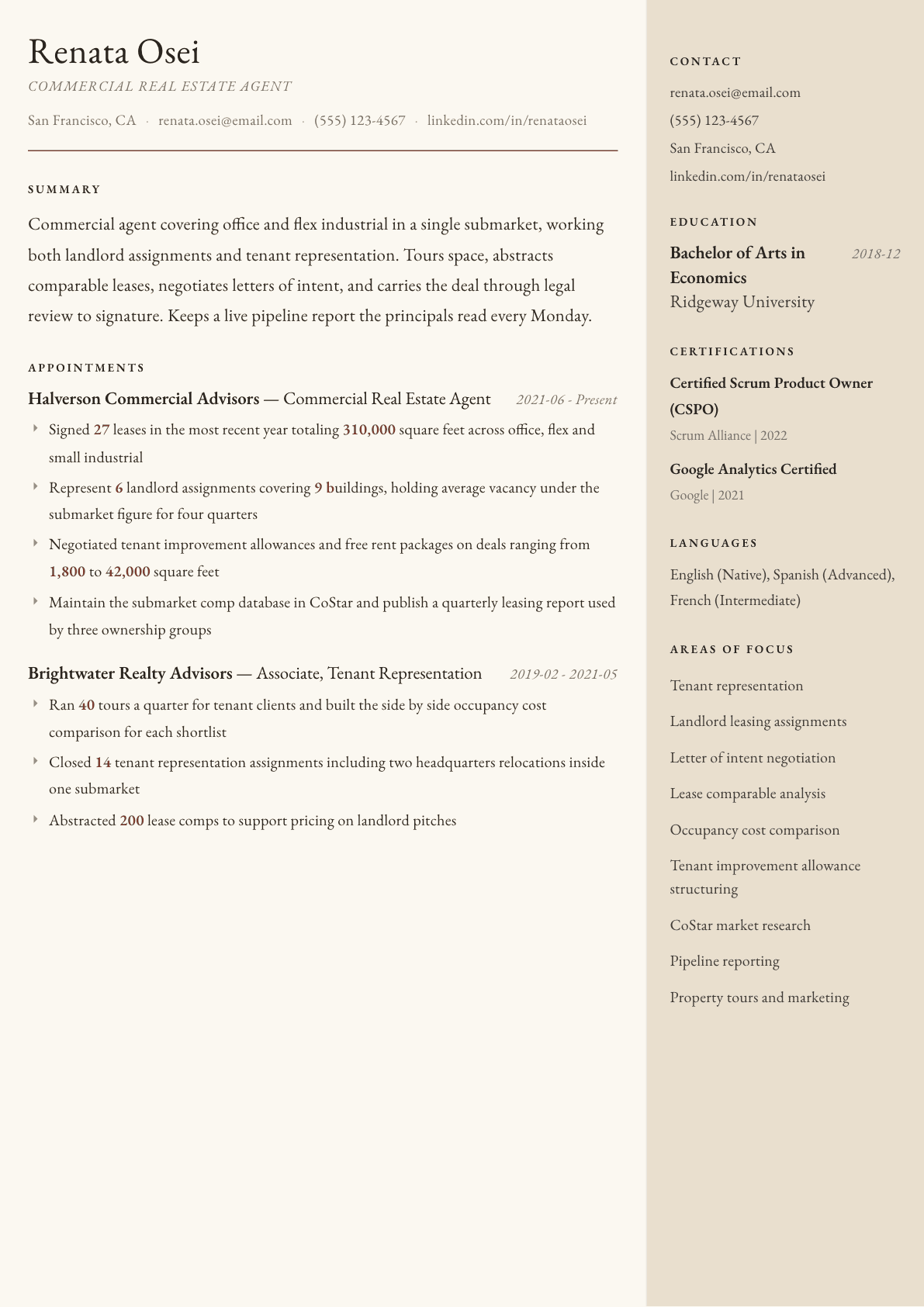 Commercial Real Estate Agent resume example, Manuscript template