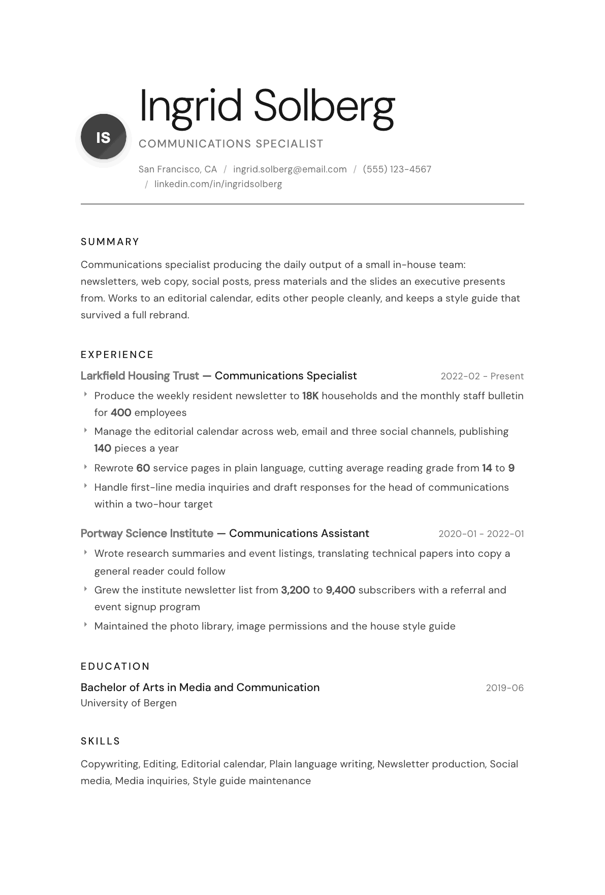 Communications Specialist resume example, Whisper template