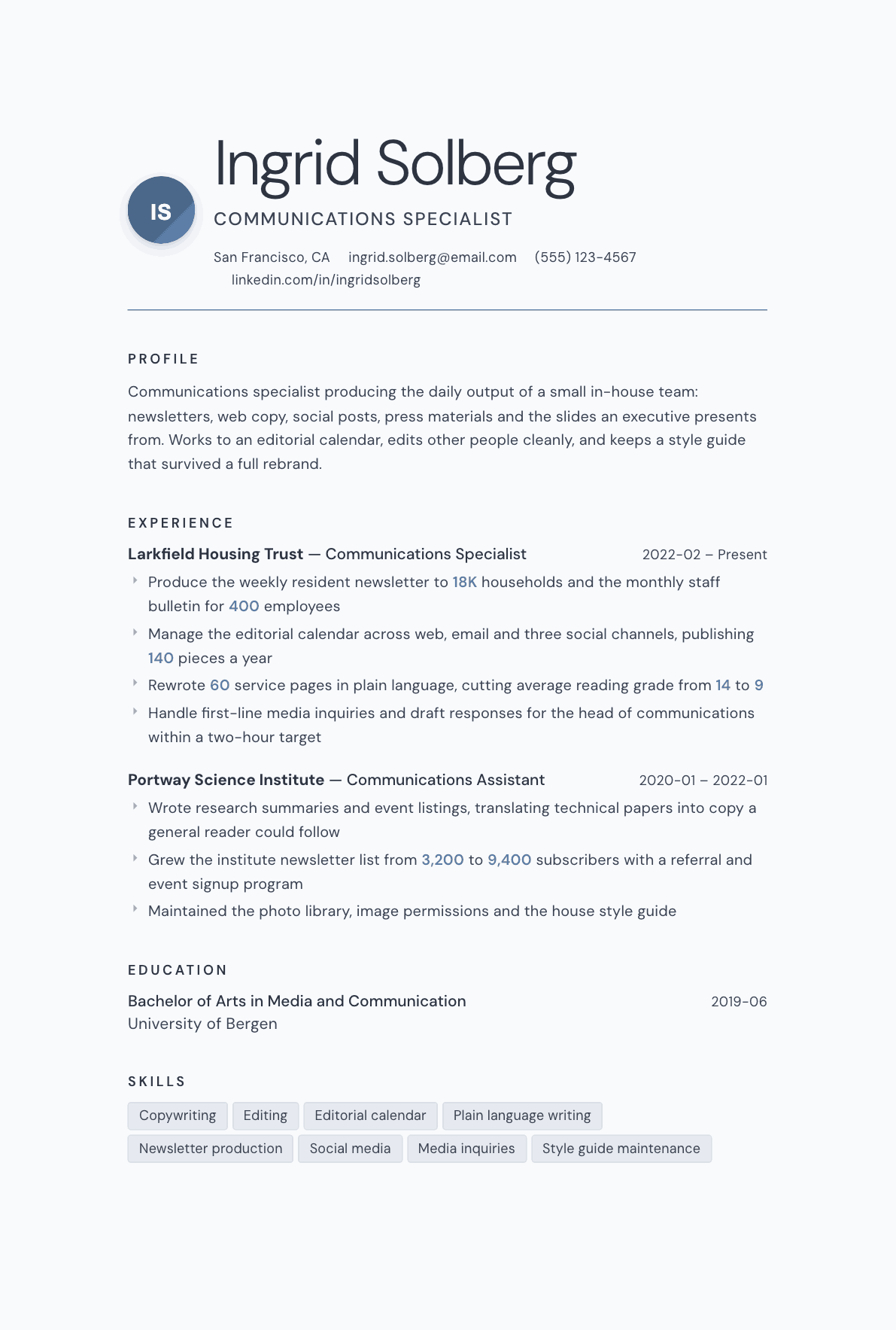 Communications Specialist resume example, Nordic template