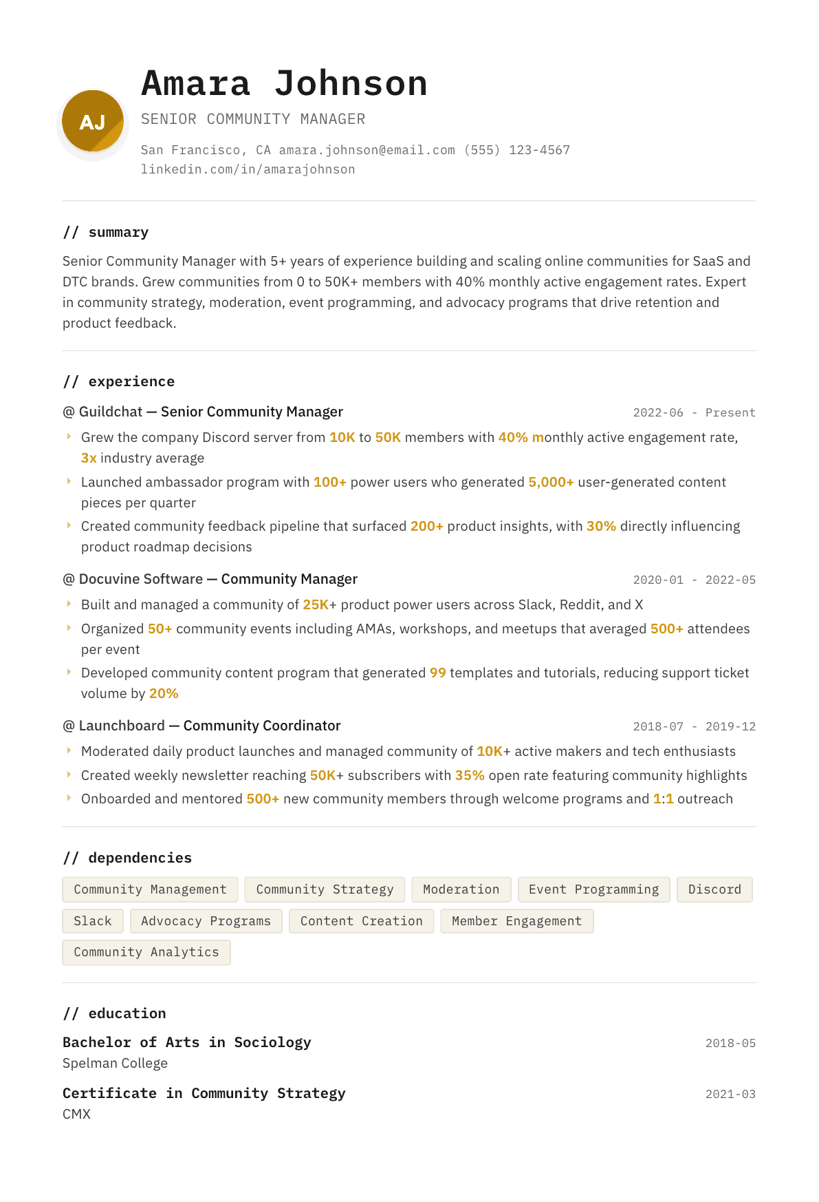 Community Manager resume example, Terminal template