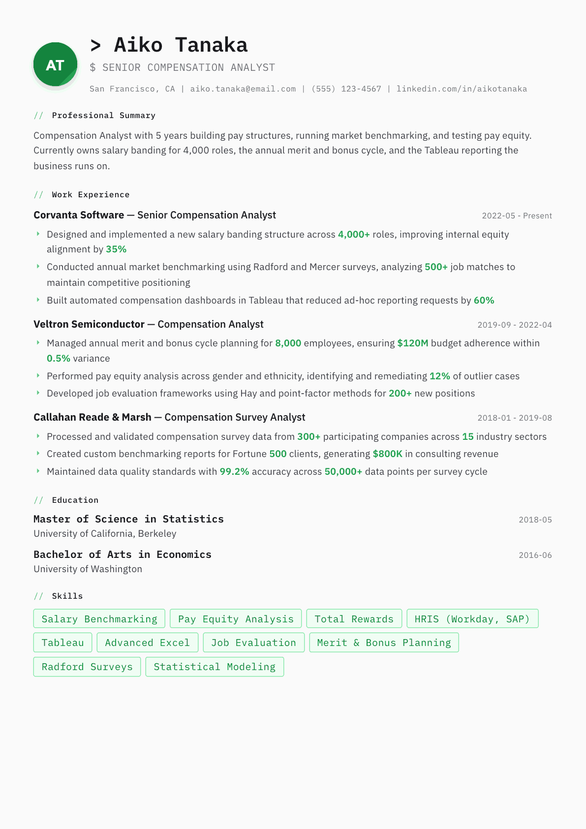 Compensation Analyst resume example, Amsterdam template