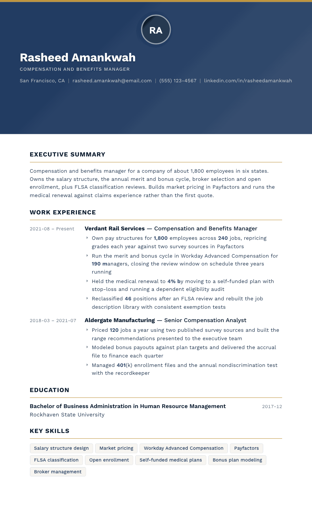 Compensation and Benefits Manager resume example, Sovereign template