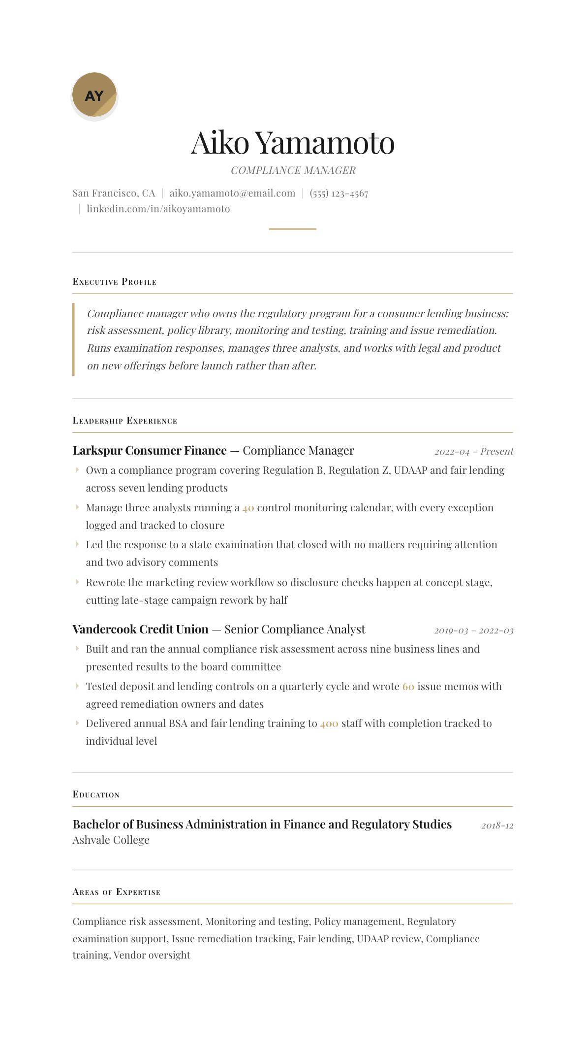 Compliance Manager resume example, Chancellor template