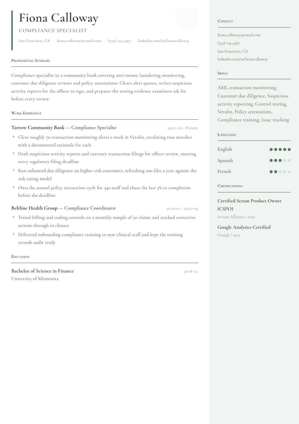 Compliance Specialist resume example, Copenhagen template