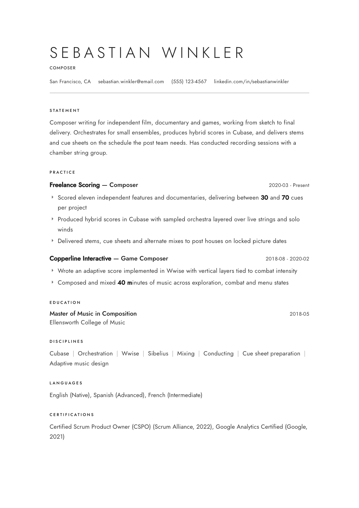 Composer resume example, Atelier template