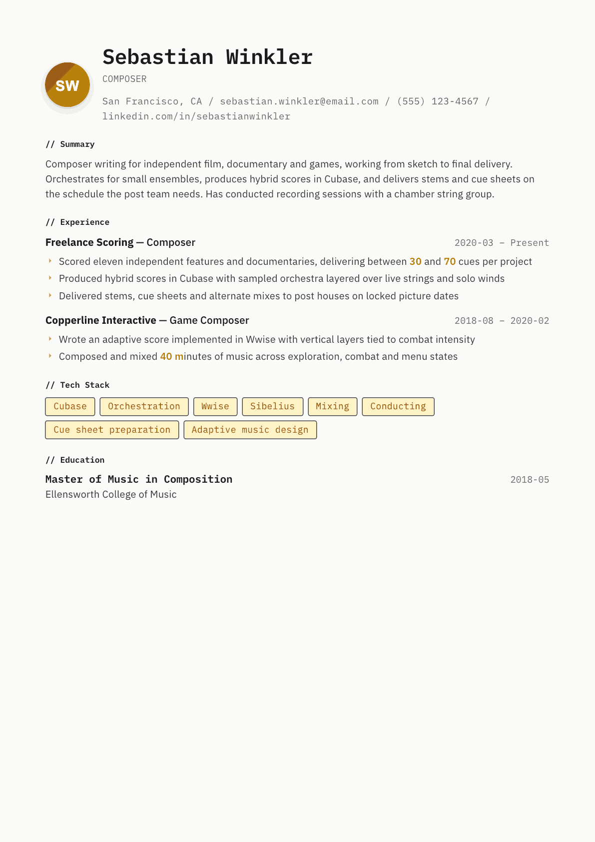 Composer resume example, Inkwell template