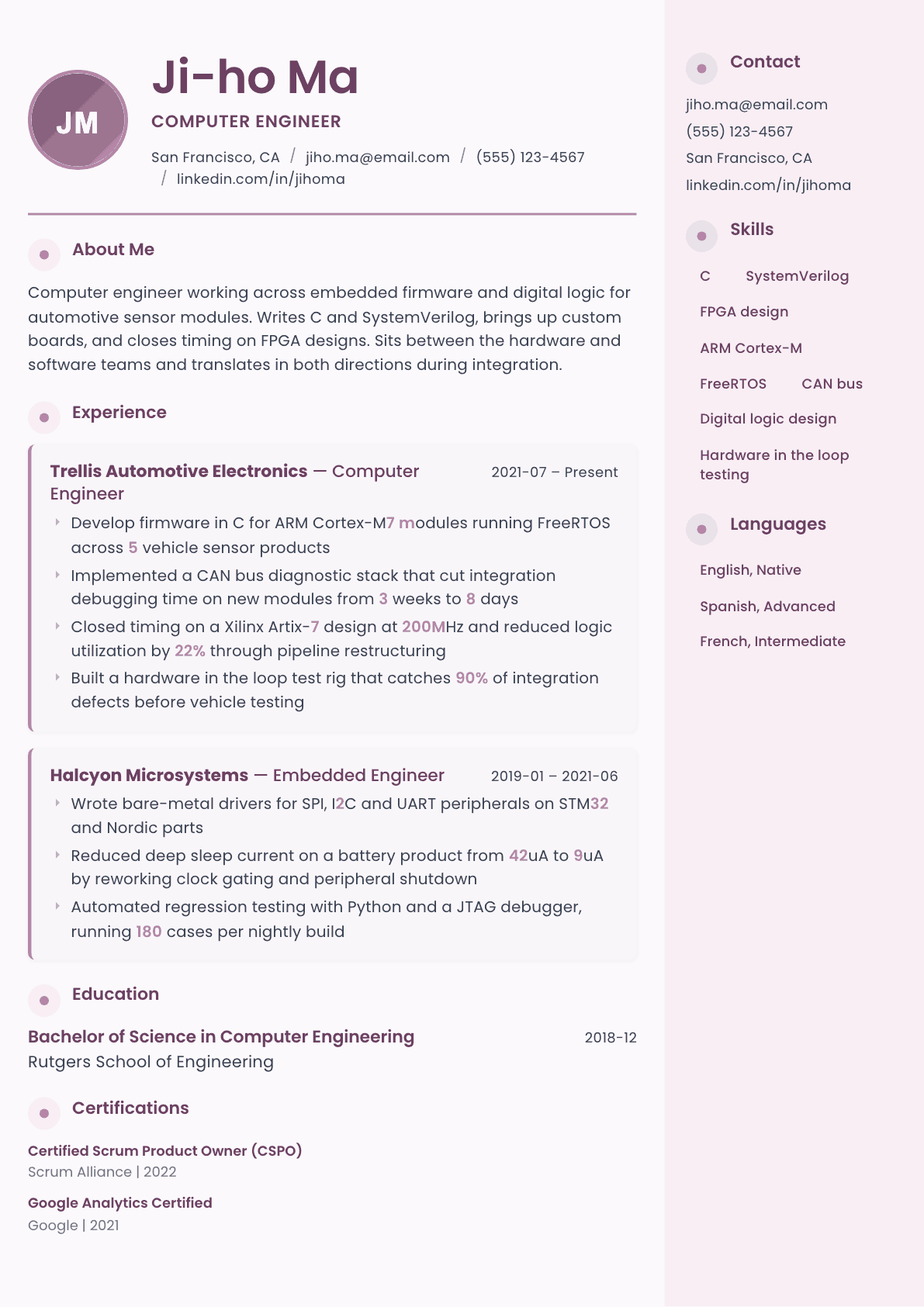Computer Engineer resume example, Bloom template