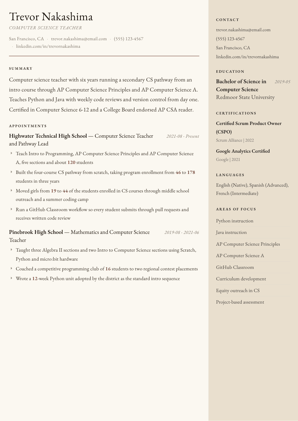Computer Science Teacher resume example, Manuscript template