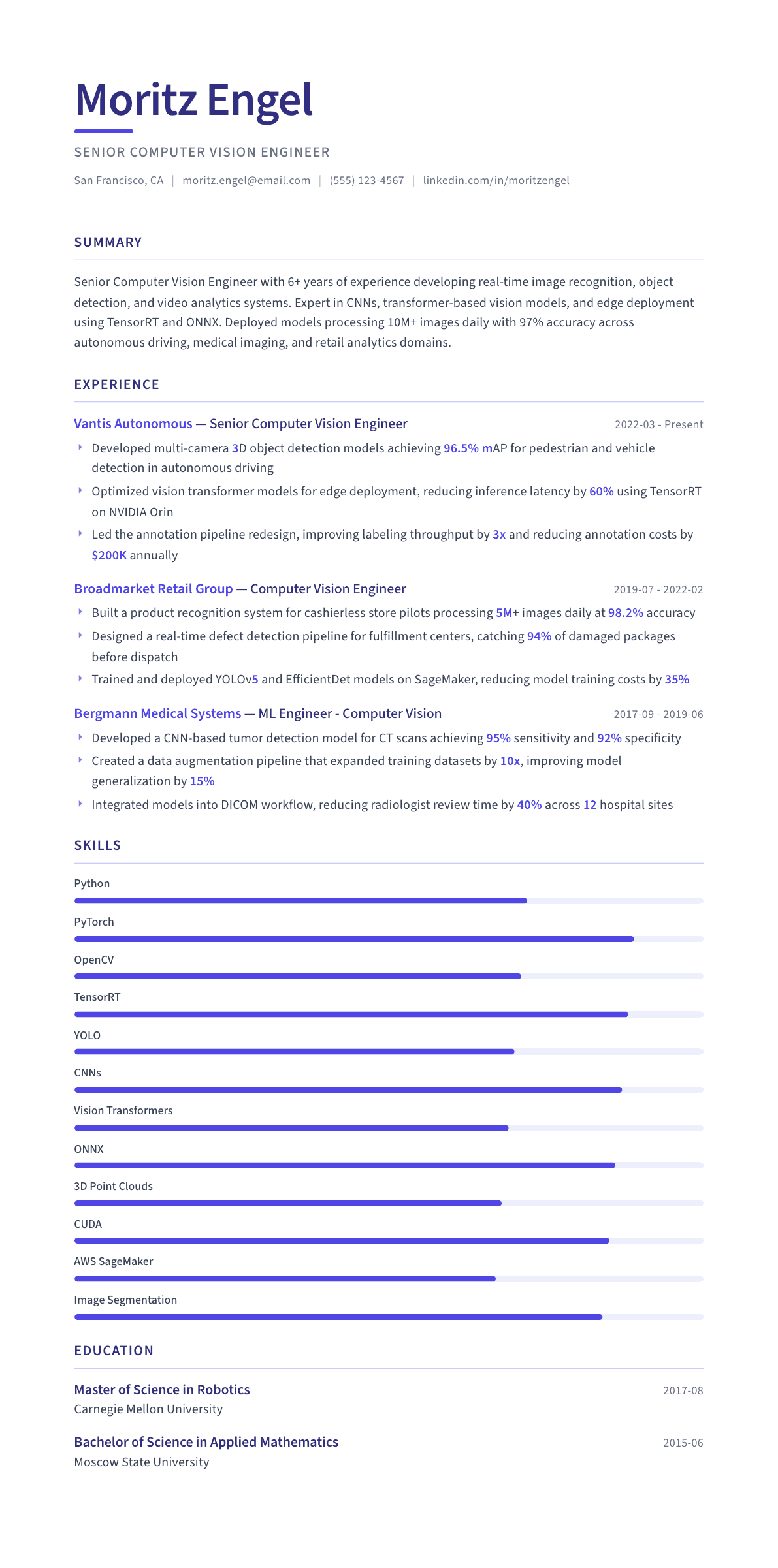 Computer Vision Engineer resume example, Logic template