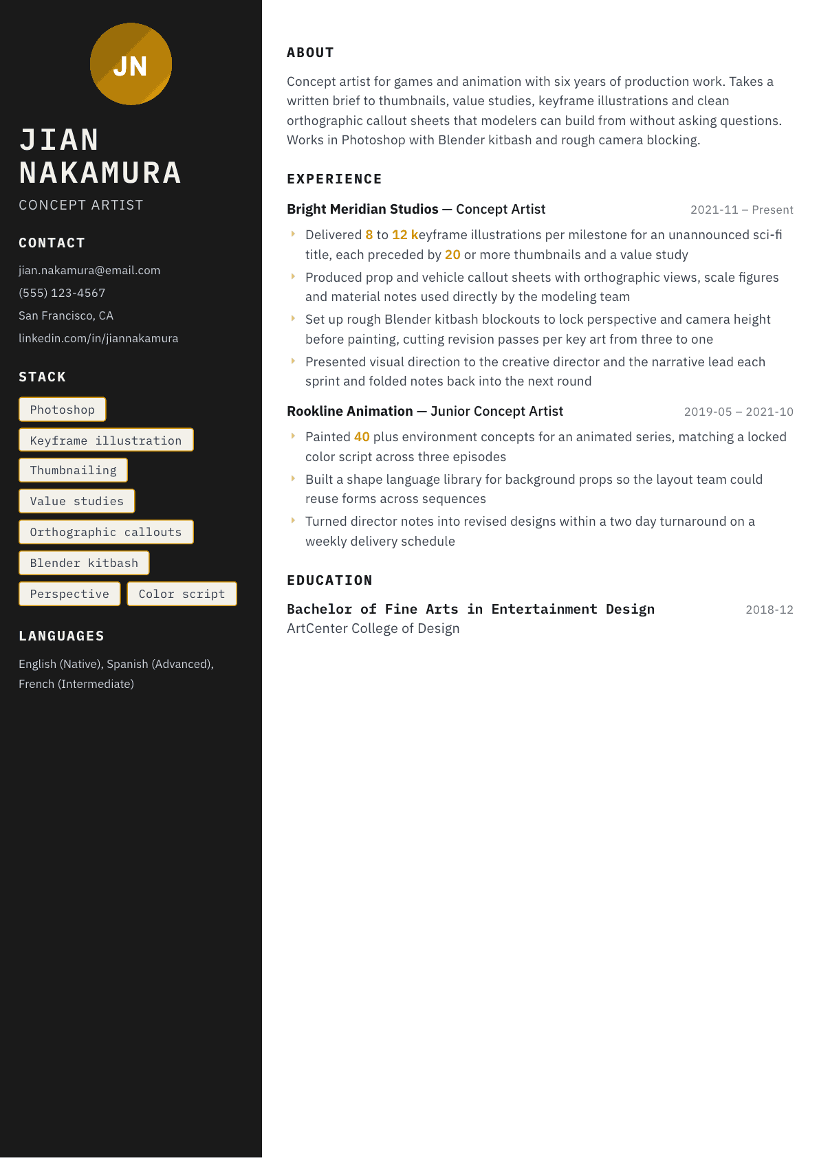 Concept Artist resume example, Neon template
