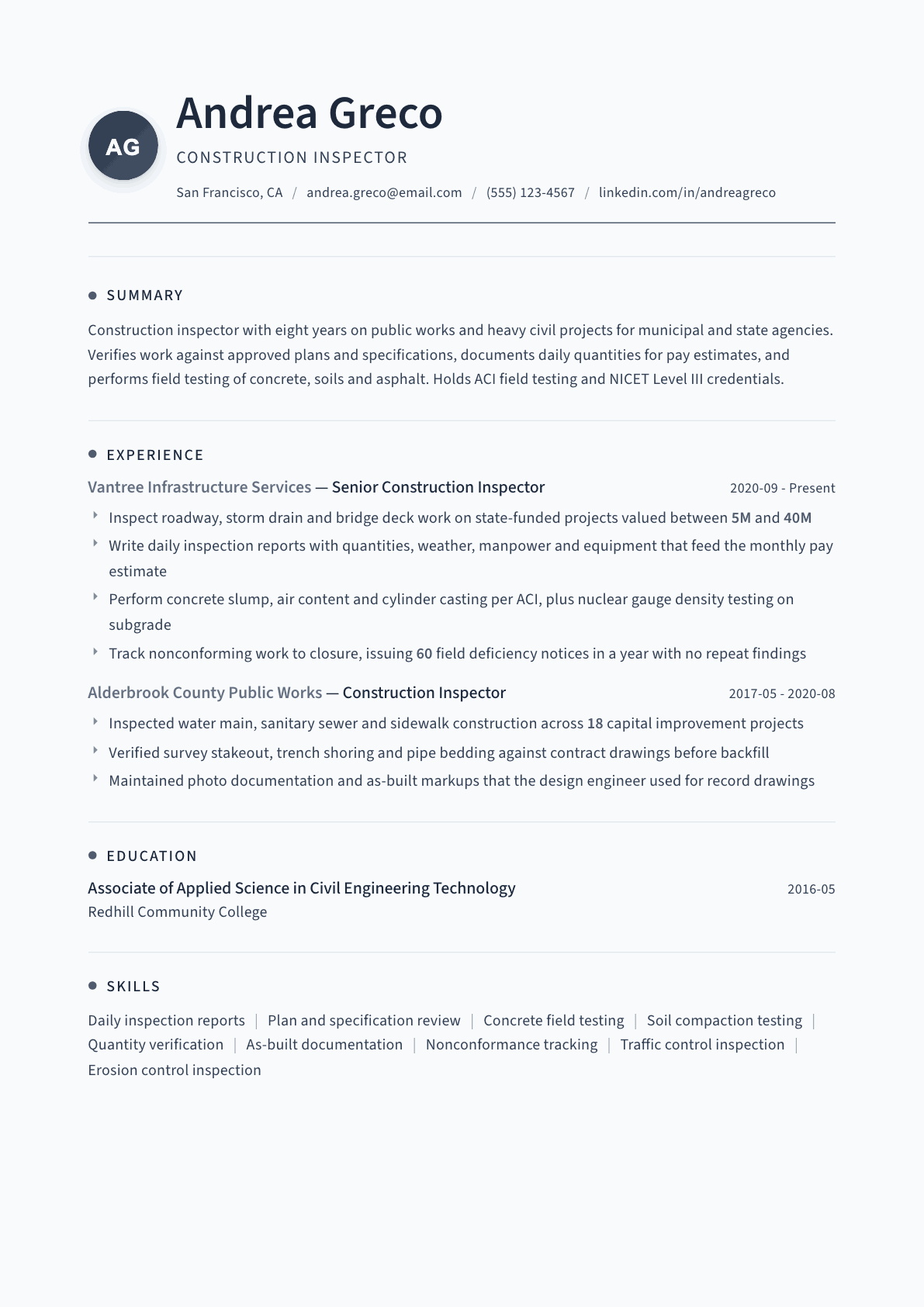 Construction Inspector resume example, Thread template