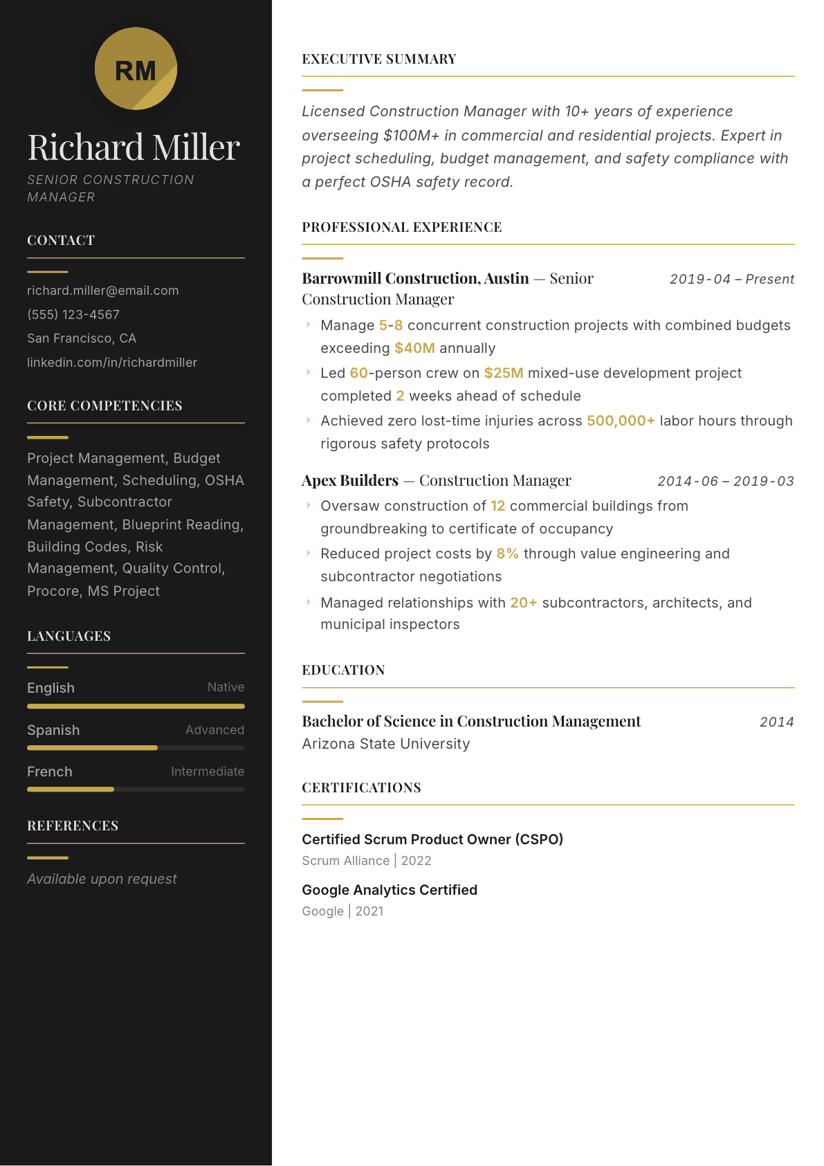 Construction Manager resume example, Ink & Gold template