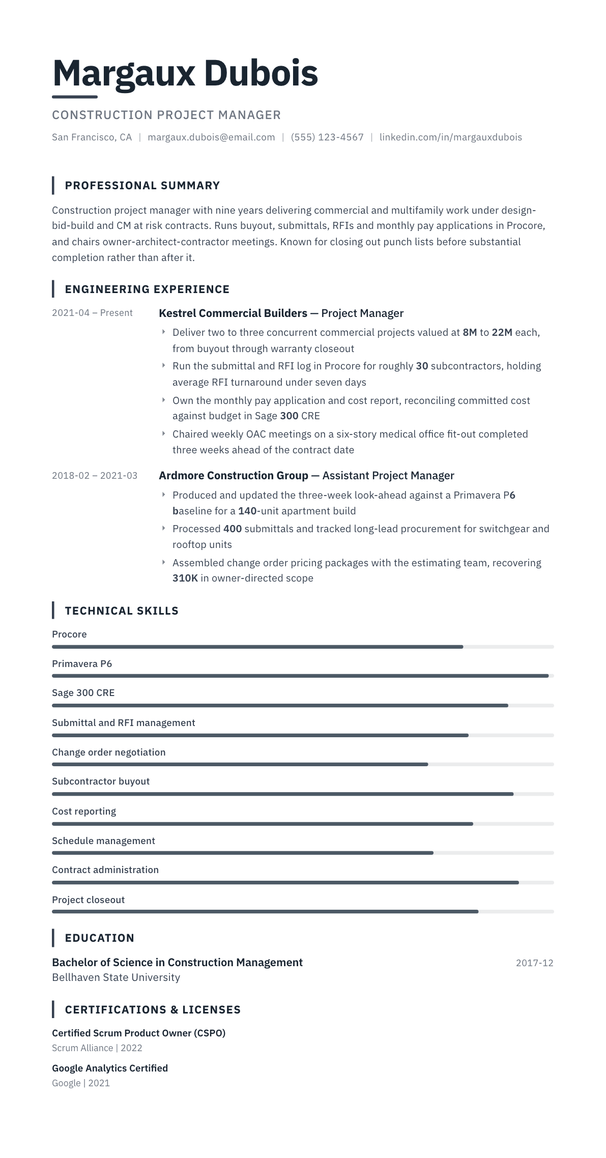 Construction Project Manager resume example, Blueprint template
